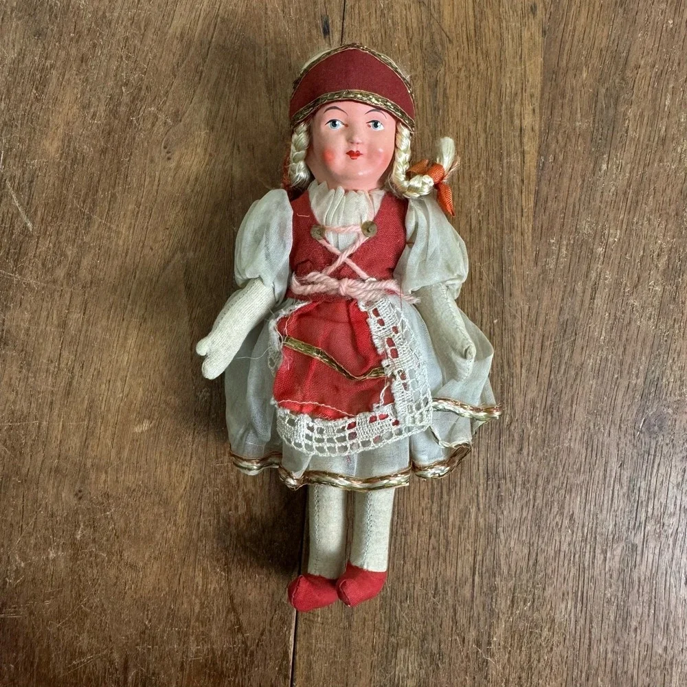 Vintage Antique Celluloid Cloth Straw Stuffed European Folk Art Style Doll‎